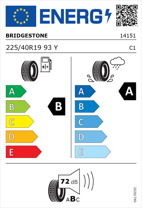 Tyre Label for Bridgestone Turanza T005 225/40R19 93Y