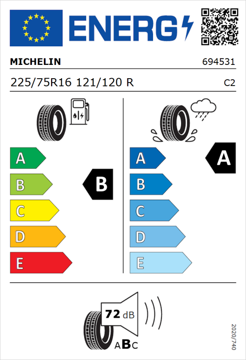 Tyre Label for Michelin Agilis 3 225/75R16 121/120R