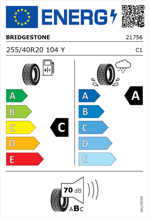 Tyre Label for Bridgestone Turanza T005 255/40R20 104Y