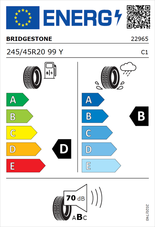 Tyre Label for Bridgestone Turanza T005 245/45R20 99Y