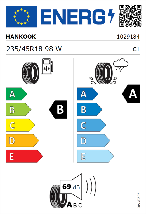 Tyre Label for Hankook Ventus Prime 4 (K135) 235/45R18 98W