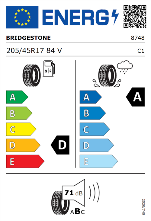 Tyre Label for Bridgestone Turanza T005 205/45R17 84V