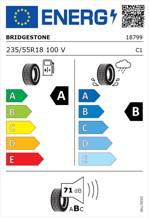 Tyre Label for Bridgestone Turanza T005 235/55R18 100V