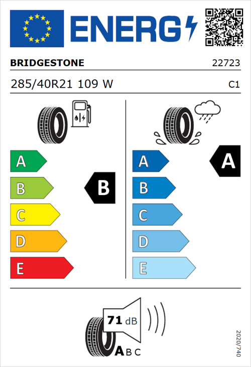 Tyre Label for Bridgestone Turanza T005 285/40R21 109W