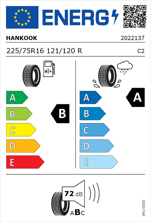 Tyre Label for Hankook Vantra Transit (RA58) 225/75R16 121/120R