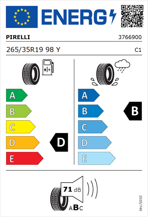 Tyre Label for Pirelli P Zero (PZ4) Sport Car 265/35R19 98Y