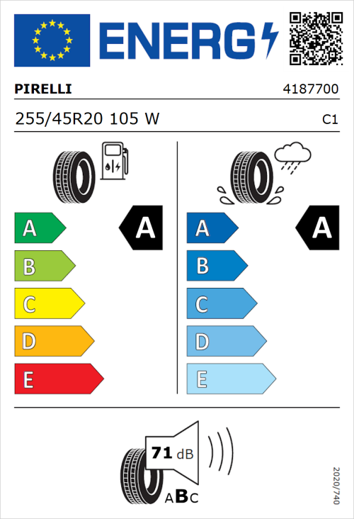 Tyre Label for Pirelli P Zero (PZ4) Sport Car 255/45R20 105W