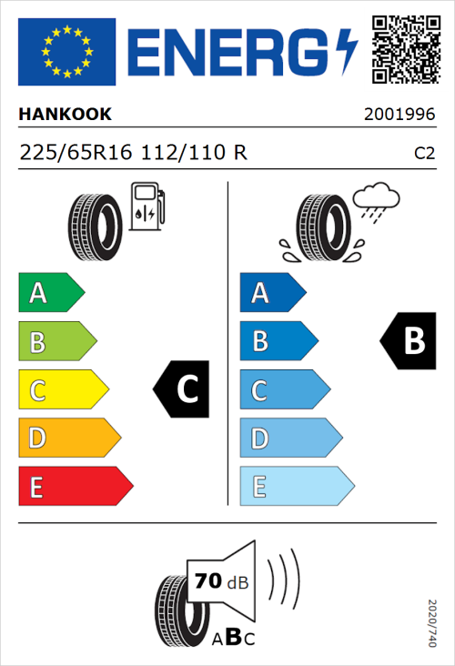 Tyre Label for Hankook Vantra LT RA18 225/65R16 112/110R